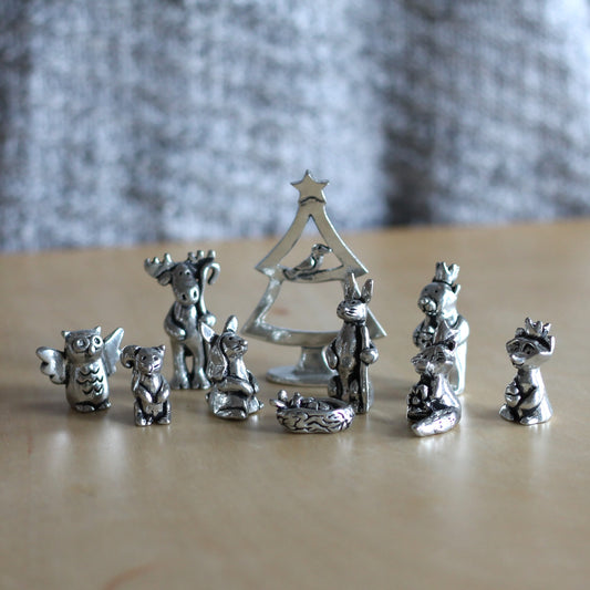 Handmade Mini Pewter Woodland Animal Nativity Set image 1