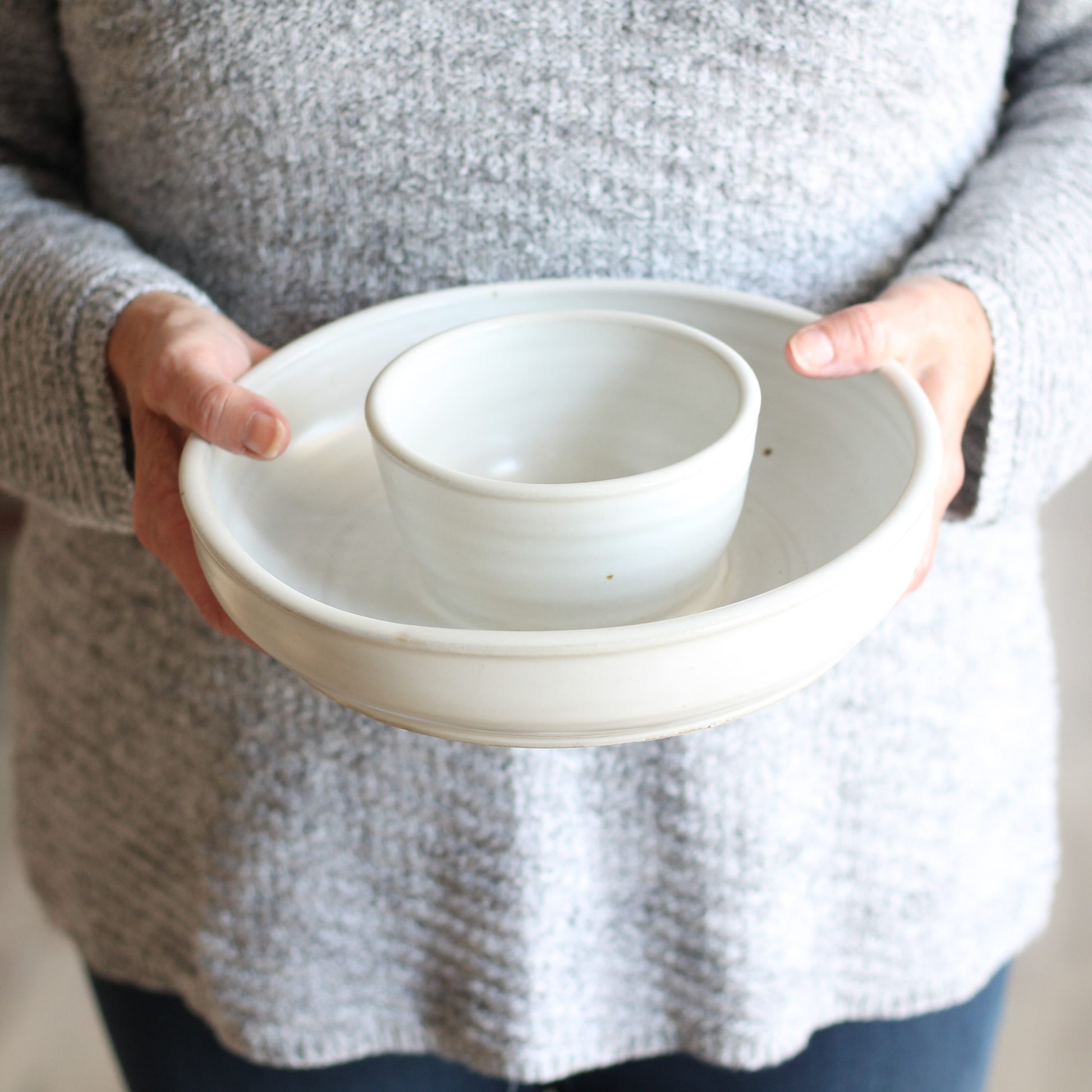 Handmade Pottery | Large Chip n' Dip Bowl - Smooth White image