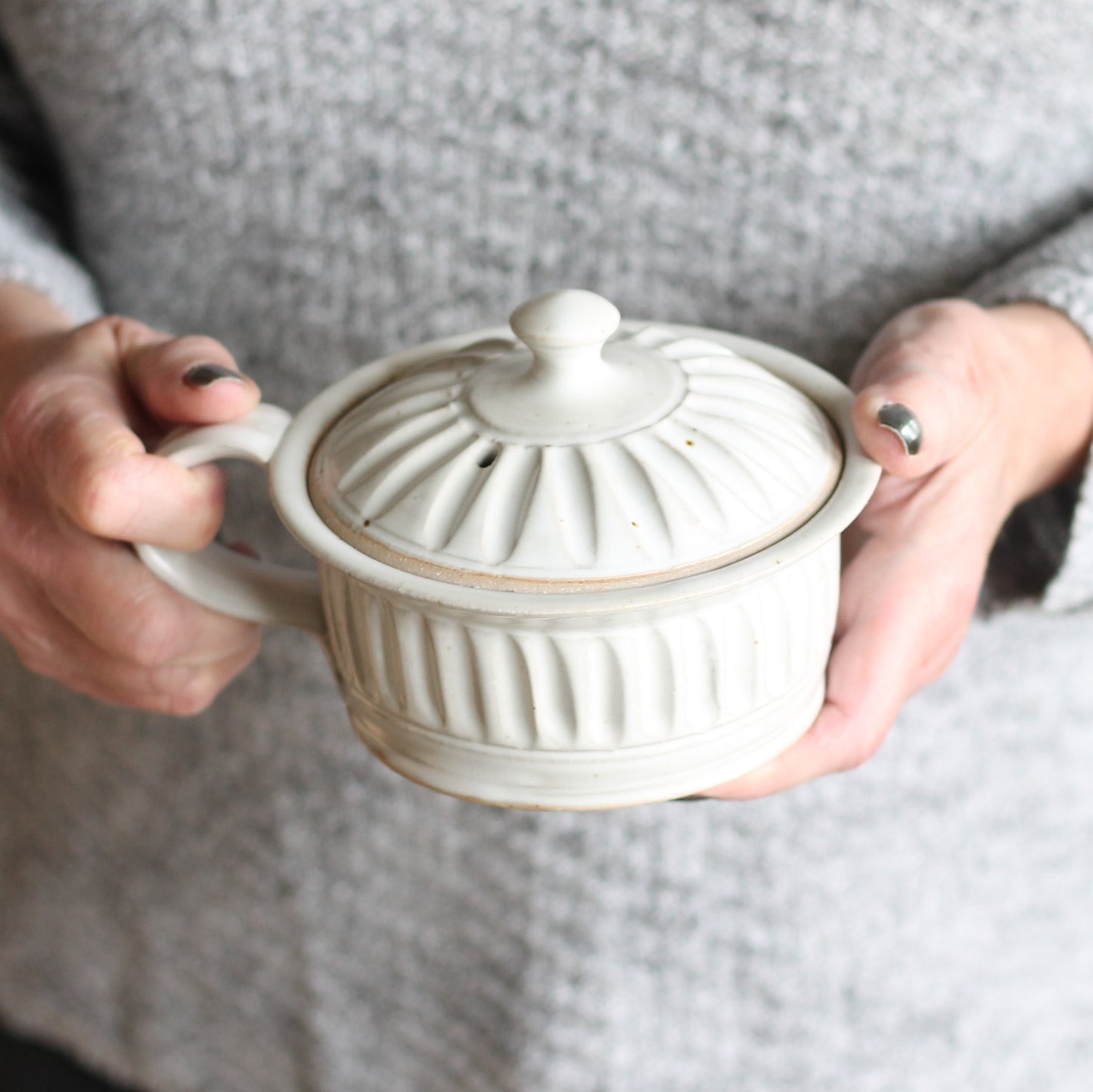 SECONDS SALE | Handmade Pottery | Egg Cooker - Fluted White image