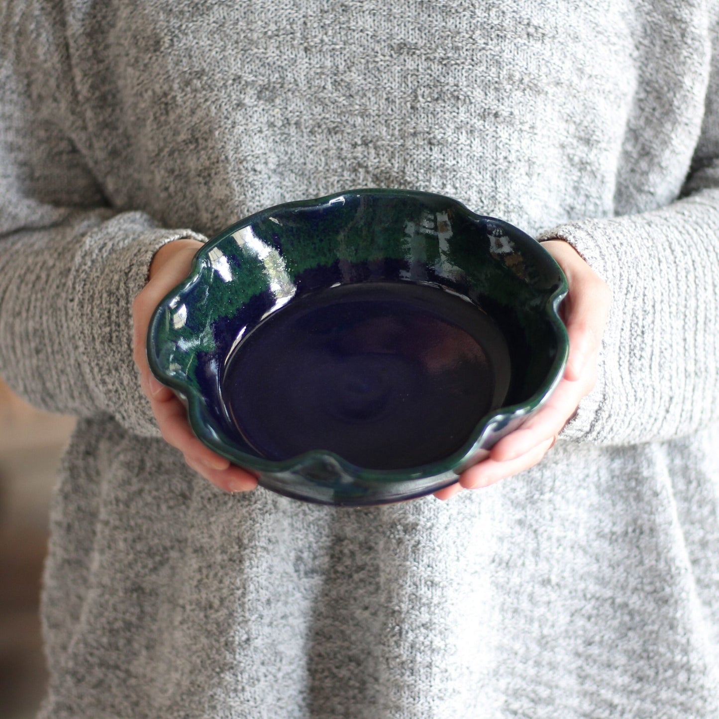 SECONDS SALE | Handmade Pottery | Small Pie Plate - Navy + Green image
