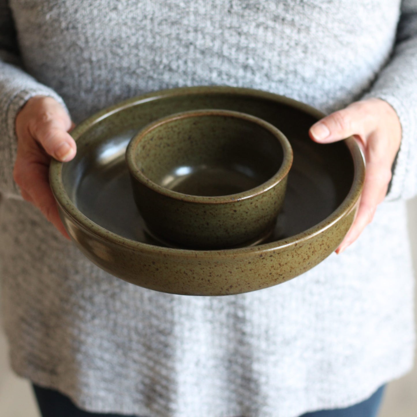 Handmade Pottery | Small Chip n' Dip Bowl - Olive image