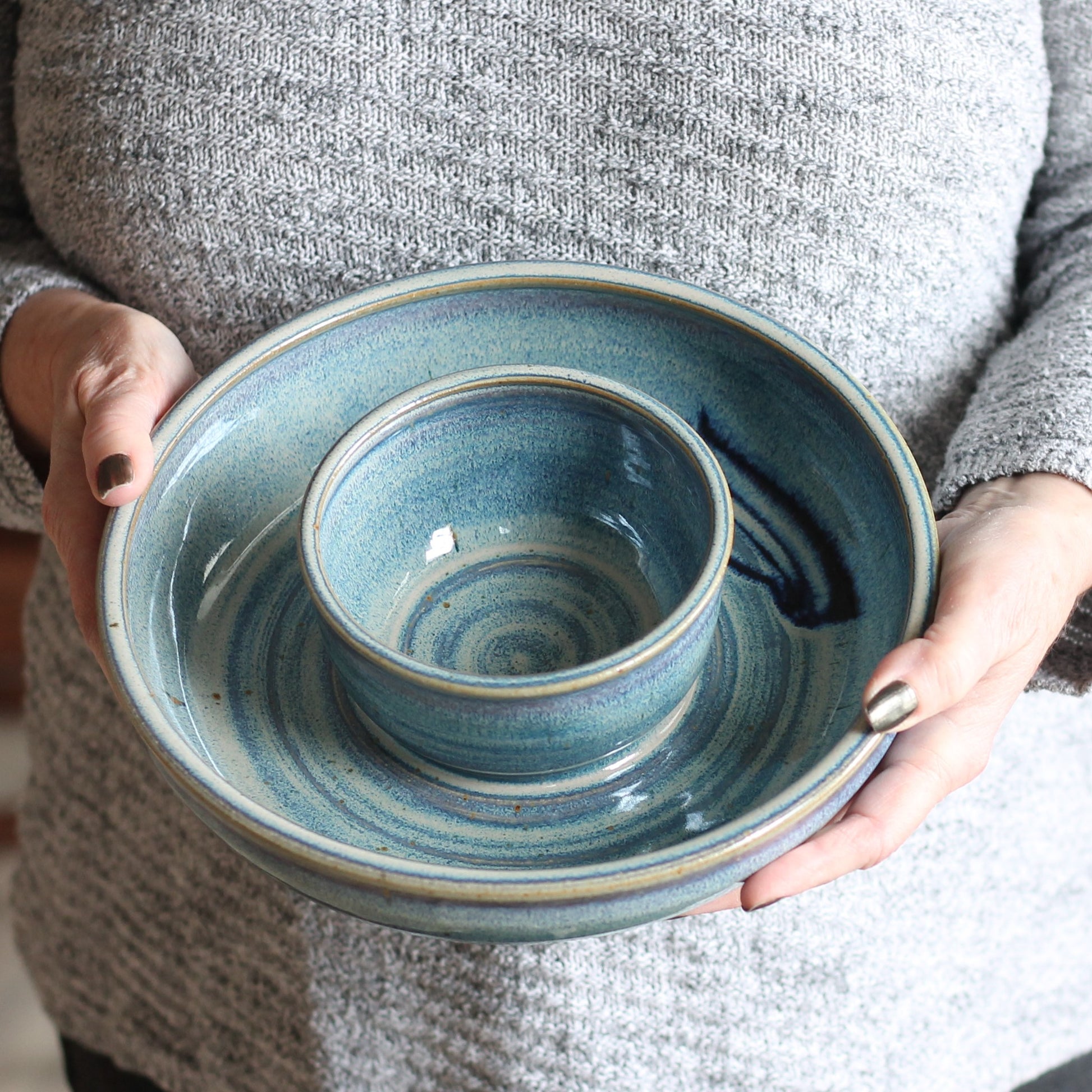 Handmade Pottery | Small Chip n' Dip Bowl - Blue image