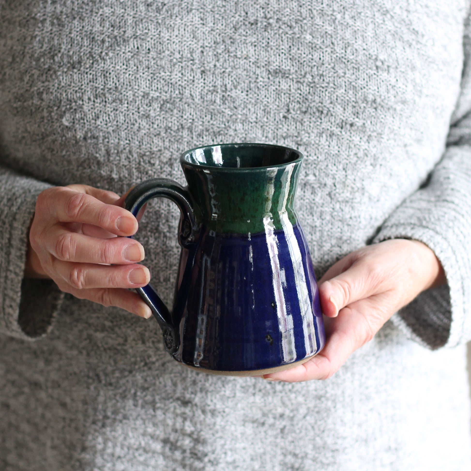 Handmade Pottery | 12-14 oz. Large Mug - Navy + Green image
