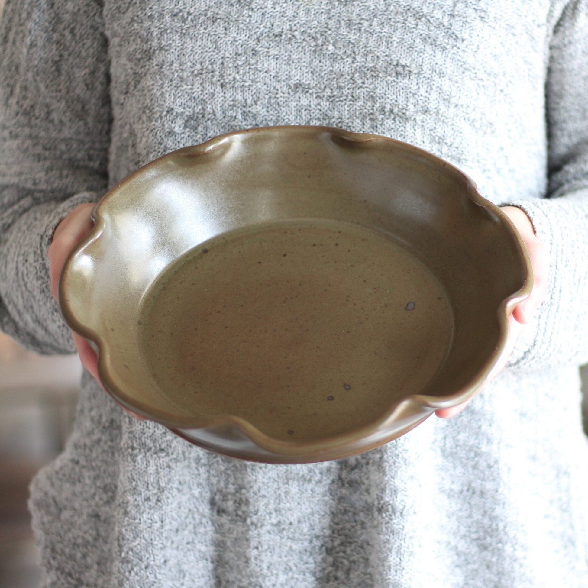 Handmade Pottery | Large Pie Plate - Olive image