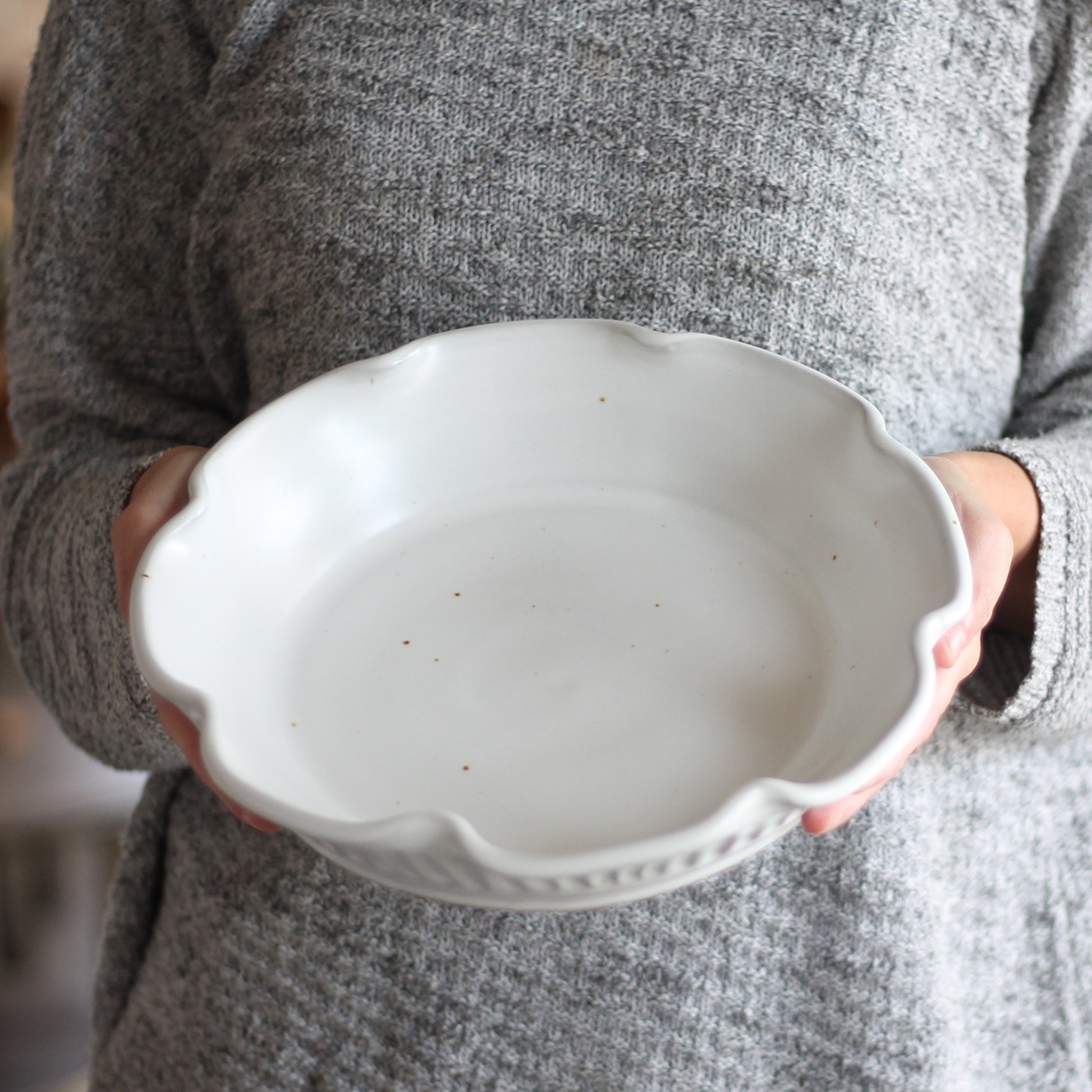 Handmade Pottery | Large Pie Plate - Fluted White image